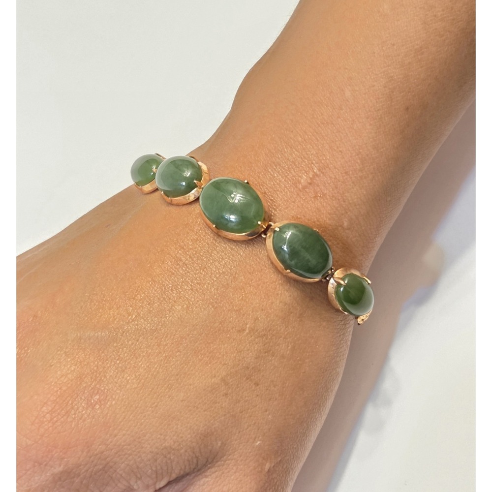 Vintage 18k Rosy Yellow Gold A Jade Linked Bracelet 7"